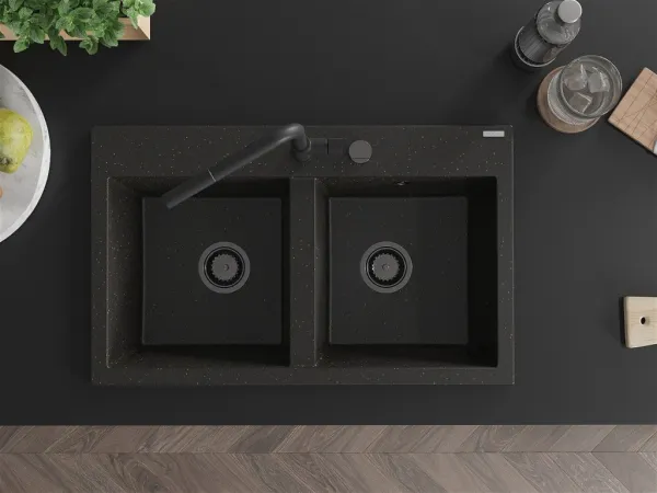 MEXEN/S MEXEN/S - Hektor granitový drez 2-bowl 800 x 480 mm, čierna/zlatá metalik, čierny sifón 6521802000-75-B