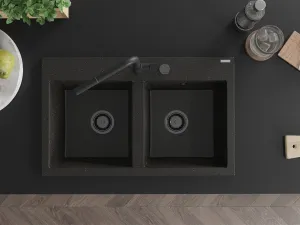 MEXEN/S MEXEN/S - Hektor granitový drez 2-bowl 800 x 480 mm, čierna/zlatá metalik, čierny sifón 6521802000-75-B