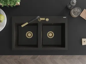 MEXEN/S MEXEN/S - Hektor granitový drez 2-bowl 800 x 480 mm, čierna/zlatá metalík, zlatý sifón 6521802000-75-G