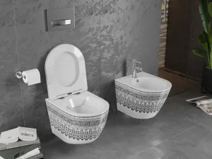 MEXEN - Lena Závesná WC misa vrátane sedátka s slow-slim, Duroplastu, biela/čierny vzor 30224095