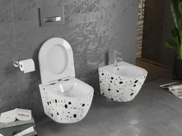 MEXEN - Lena Závesná WC misa vrátane sedátka s slow-slim, Duroplastu, biely kameň terrazo 30224096