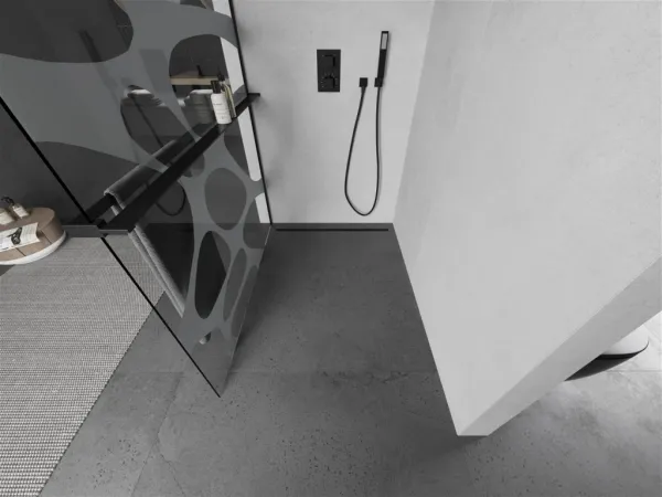 MEXEN/S - KIOTO Sprchová zástena WALK-IN s poličkou a držiakom uterákov 100 x 200, transparent/biely dekor 8 mm, čierna 800-100-121-70-97