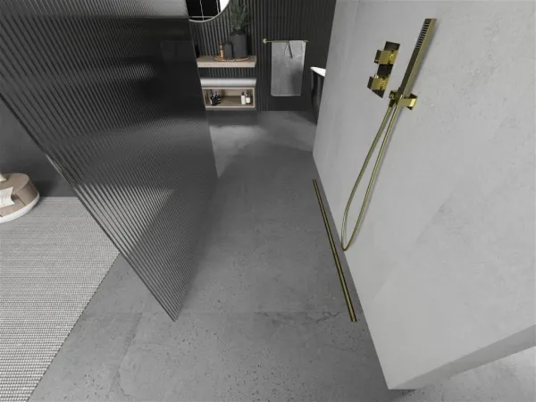MEXEN/S - Kioto Sprchová zástena WALK-IN voľne stojaca 110 x 200, prúžky 8 mm, zlatá 800-110-002-50-09