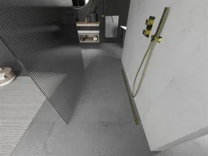 MEXEN/S - Kioto Sprchová zástena WALK-IN voľne stojaca 110 x 200, prúžky 8 mm, zlatá 800-110-002-50-09