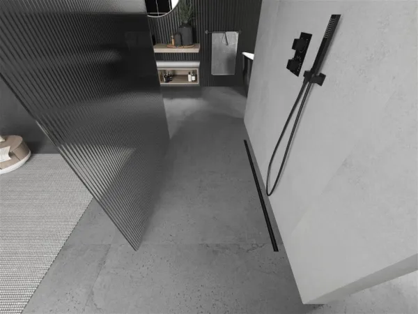 MEXEN/S - Kioto Sprchová zástena WALK-IN voľne stojaca 110 x 200, prúžky 8 mm, čierna 800-110-002-70-09