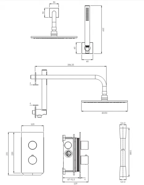 OMNIRES - CONTOUR termostatický sprchový podomietkový systém, kartáčovaná meď SYSCT11CPB