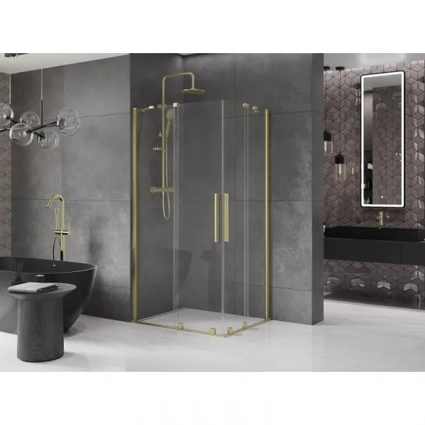 MEXEN/S - Velar Duo štvorcový sprchovací kút 90 x 80, transparent, zlatá kartáčovaná 871-090-080-02-55