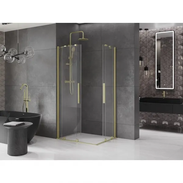 MEXEN/S - Velar Duo štvorcový sprchovací kút 90 x 80, transparent, zlatá kartáčovaná 871-090-080-02-55