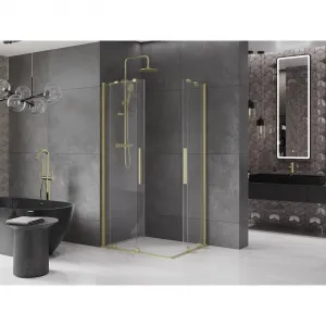 MEXEN/S - Velar Duo štvorcový sprchovací kút 90 x 80, transparent, zlatá kartáčovaná 871-090-080-02-55