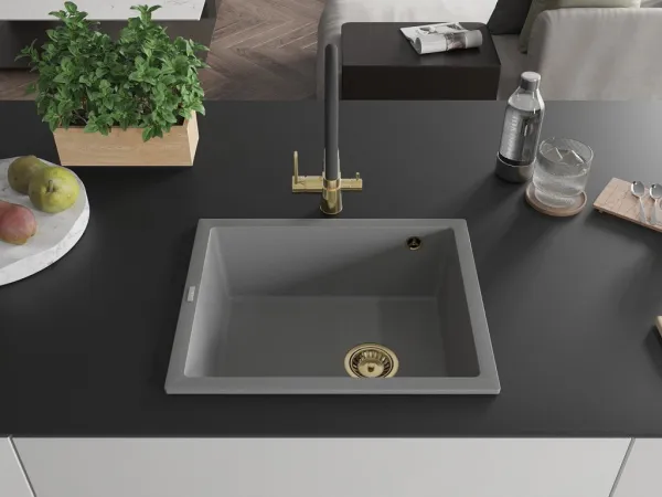 MEXEN/S MEXEN/S - Pedro granitový drez 1-miska 560 x 460 mm, sivá, sifón zlatá 6508561000-71-G