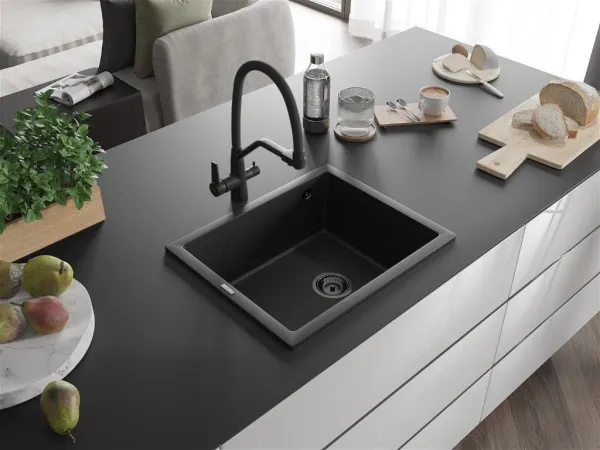 MEXEN/S MEXEN/S - Pedro granitový drez 1-miska 560 x 460 mm, čierna/strieborná metalík, sifón čierna 6508561000-73-B