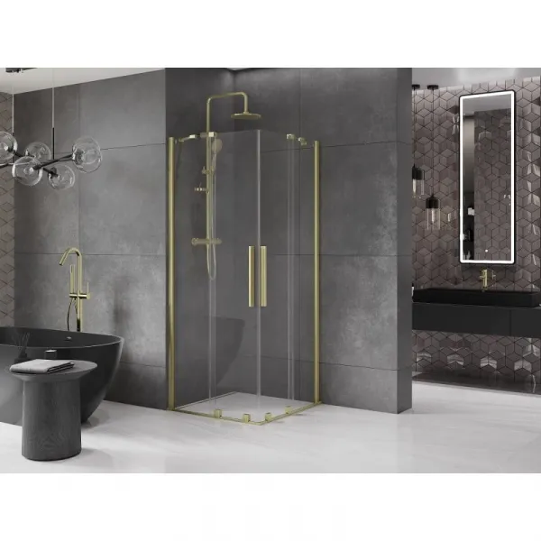 MEXEN/S - Velar Duo štvorcový sprchovací kút 100 x 100, transparent, zlatá kartáčovaná 871-100-100-02-55
