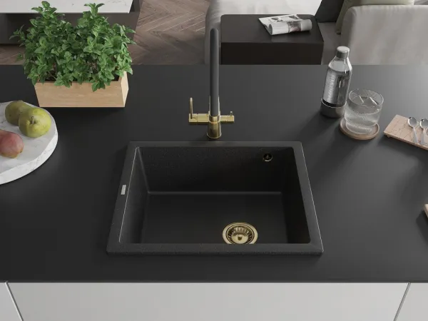 MEXEN/S MEXEN/S - Pedro granitový drez 1-miska 560 x 460 mm, čierna/strieborná metalík, sifón čierna 6508561000-73-G