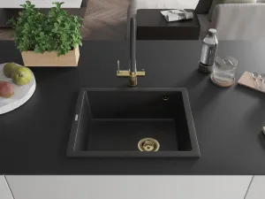 MEXEN/S MEXEN/S - Pedro granitový drez 1-miska 560 x 460 mm, čierna/strieborná metalík, sifón čierna 6508561000-73-G