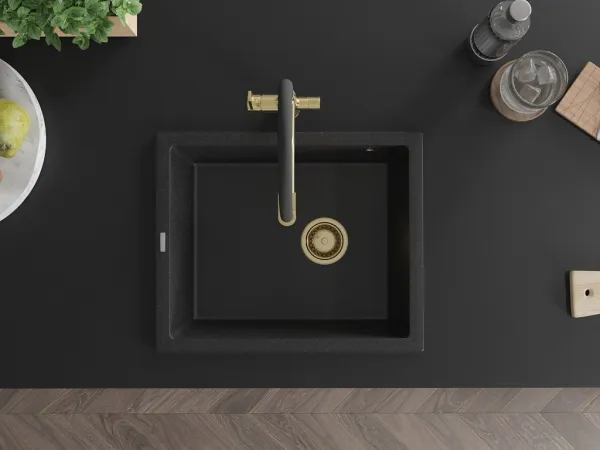 MEXEN/S MEXEN/S - Pedro granitový drez 1-miska 560 x 460 mm, čierna/strieborná metalík, sifón čierna 6508561000-73-G