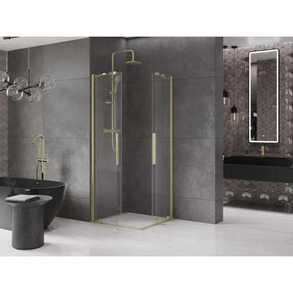 MEXEN/S - Velar Duo štvorcový sprchovací kút 80 x 80, transparent, zlatá kartáčovaná 871-080-080-02-55