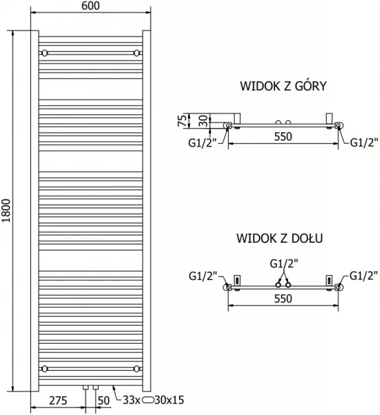 MEXEN/S - Hades radiátor + vykurovacia tyč 1800 x 600 mm, 900 W, antracit W104-1800-600-2900-66