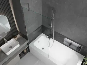 MEXEN/S - Vega obdĺžniková vaňa 150 x 70 cm s panelom + vaňová zástena 90, transparent, chróm 550115070X9509000001