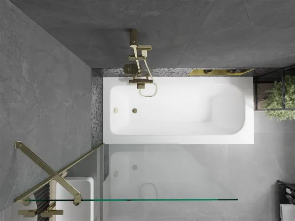 MEXEN/S - Vega obdĺžniková vaňa 150 x 70 cm s panelom + vaňová zástena 90, transparent, zlatá 550115070X9509000050