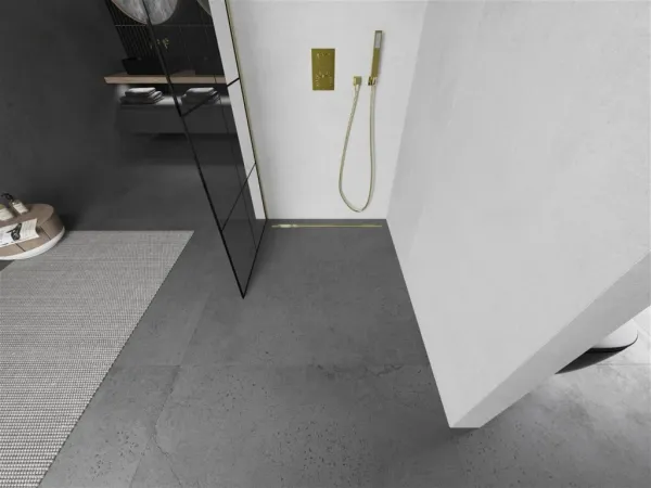 MEXEN/S - Kioto Sprchová zástena WALK-IN 80 x 200, čierny vzor 8 mm, zlatá kartáčovaná 800-080-101-55-77