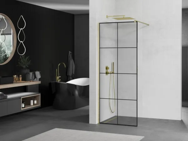 MEXEN/S - Kioto Sprchová zástena WALK-IN 80 x 200, čierny vzor 8 mm, zlatá kartáčovaná 800-080-101-55-77
