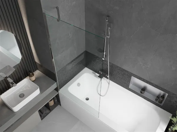 MEXEN/S - Vega obdĺžniková vaňa 160 x 70 cm s panelom + vaňová zástena 90, transparent, chróm 550116070X9509000001