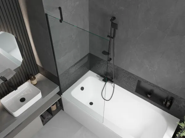 MEXEN/S - Vega obdĺžniková vaňa 150 x 70 cm s panelom + vaňová zástena 90, transparent, čierna 550115070X9509000070