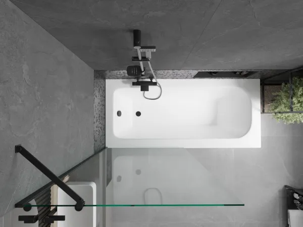 MEXEN/S - Vega obdĺžniková vaňa 150 x 70 cm s panelom + vaňová zástena 90, transparent, čierna 550115070X9509000070