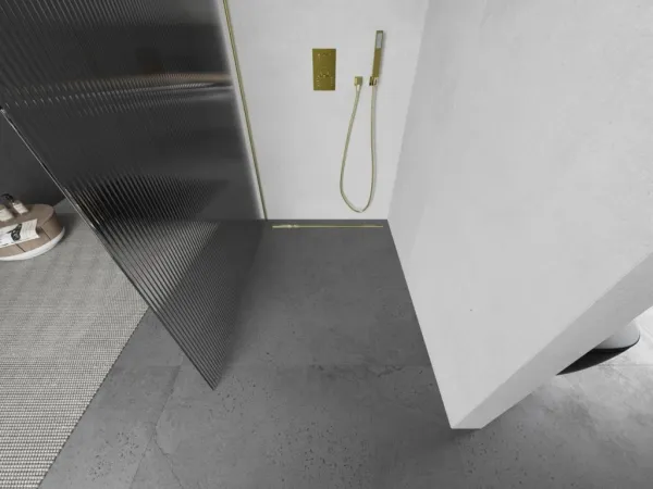 MEXEN/S - Kioto Sprchová zástena WALK-IN 90 x 200, prúžky 8 mm, zlatá kartáčovaná 800-090-101-55-09