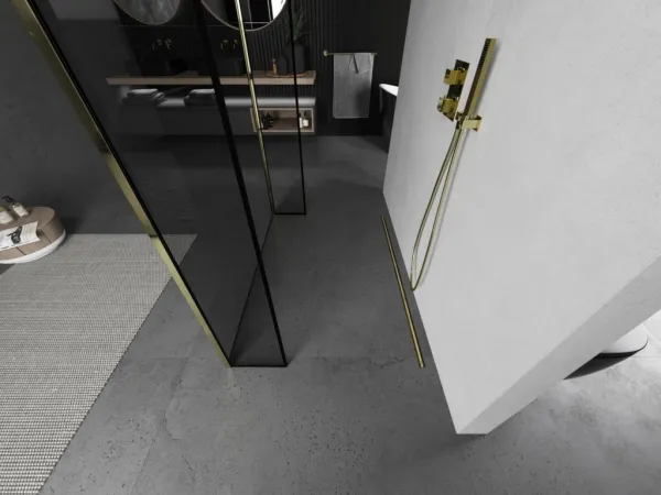 MEXEN/S - Kioto Sprchová zástena WALK-IN voľne stojaca 90 x 30 x 30, čierny vzor, zlatá 800-090-030-222-50-70-030