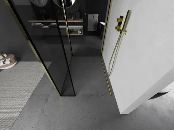 MEXEN/S - Kioto Sprchová zástena WALK-IN 110 x 100 x 30, čierny vzor, zlatá 800-110-100-221-50-70-030