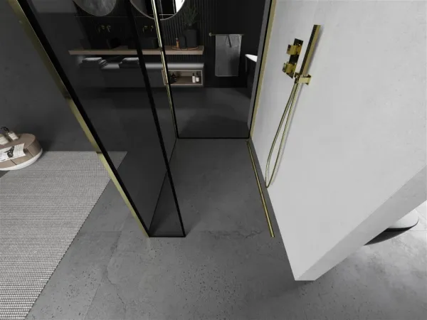 MEXEN/S - Kioto Sprchová zástena WALK-IN 110 x 70 x 30, čierny vzor, zlatá 800-110-070-221-50-70-030