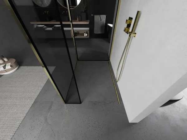 MEXEN/S - Kioto Sprchová zástena WALK-IN 110 x 100 x 40, čierny vzor, zlatá 800-110-100-221-50-70-040