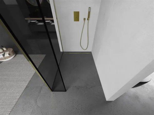 MEXEN/S - Kioto Sprchová zástena WALK-IN 90 x 30, čierny vzor, zlatá 800-090-212-50-70-030