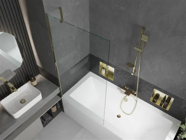 MEXEN/S - Cube obdĺžniková vaňa 170 x 80 cm s panelom + zástena 1- diel 90, transparent, zlatá 550517080X9509000050