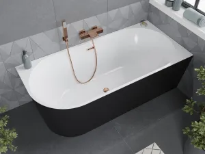 MEXEN/S - Mia voľne stojaca rohová vaňa pravá 150 x 75, biela/čierna, sifón a prepad ružové zlato 52691507575P-60