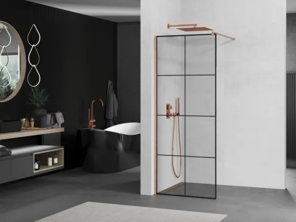 MEXEN/S - Kioto Sprchová zástena WALK-IN 70 x 200, čierny vzor 8 mm, meď kartáčovaná 800-070-101-65-77