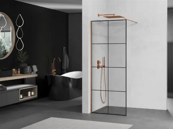 MEXEN/S - Kioto Sprchová zástena WALK-IN 90 x 200, čierny vzor 8 mm, meď kartáčovaná 800-090-101-65-77