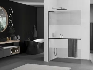 MEXEN/S - Kioto+ L Sprchová zástena WALK-IN s poličkou a držiakom uterákov 110 x 200, transparent/dekor, čierna - 800-110-123-70-30 800-110-123-70-35