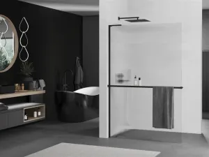 MEXEN/S - Kioto+ L Sprchová zástena WALK-IN s poličkou a držiakom uterákov 110 x 200, prúžky, čierna 800-110-123-70-09
