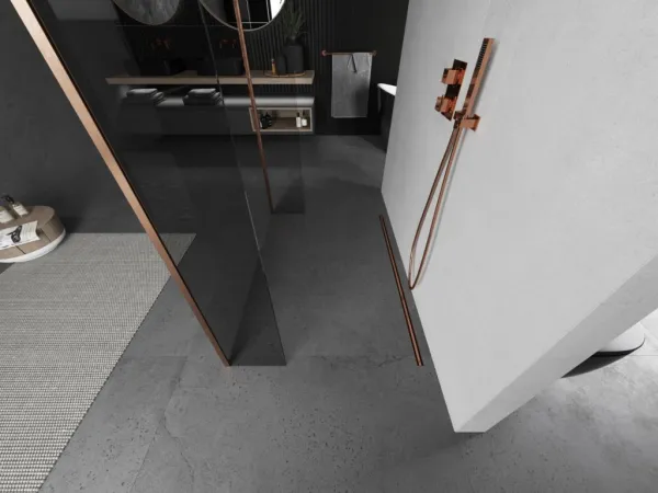 MEXEN/S - Kioto Sprchová zástena WALK-IN voľne stojaca 105 x 30 x 30, transparent, meď kartáčovaná 800-105-030-222-65-00-030
