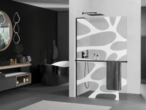 MEXEN/S - Kioto+ L Sprchová zástena WALK-IN s poličkou a držiakom uterákov 70 x 200, biely vzor, čierna 800-070-123-70-97