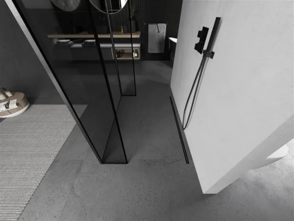 MEXEN/S - Kioto Sprchová zástena WALK-IN voľne stojaca 110 x 30 x 30, čierny vzor, grafit kartáčovaná 800-110-030-222-66-70-030