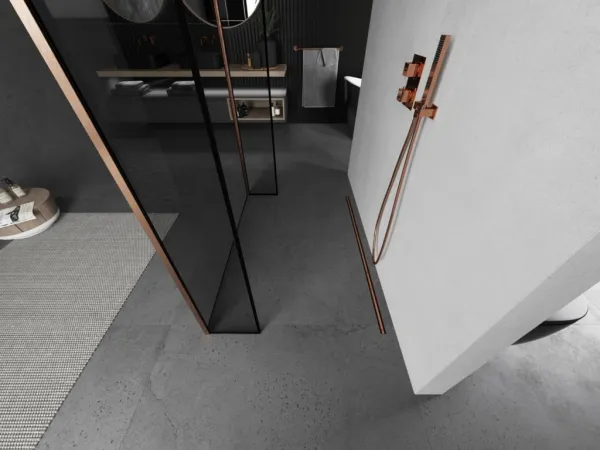 MEXEN/S - Kioto Sprchová zástena WALK-IN voľne stojaca 100 x 30 x 30, čierny vzor, meď kartáčovaná 800-100-030-222-65-70-030