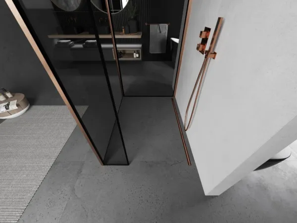 MEXEN/S - Kioto Sprchová zástena WALK-IN 110 x 70 x 40, čierny vzor, meď kartáčovaná 800-110-070-221-65-70-040