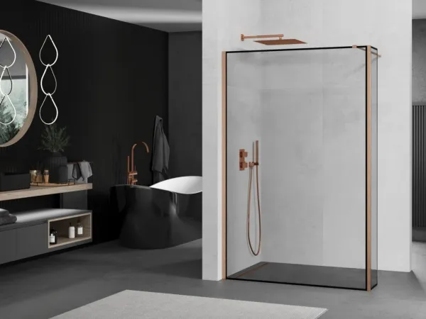MEXEN/S - Kioto Sprchová zástena WALK-IN 110 x 40, čierny vzor, meď kartáčovaná 800-110-212-65-70-040