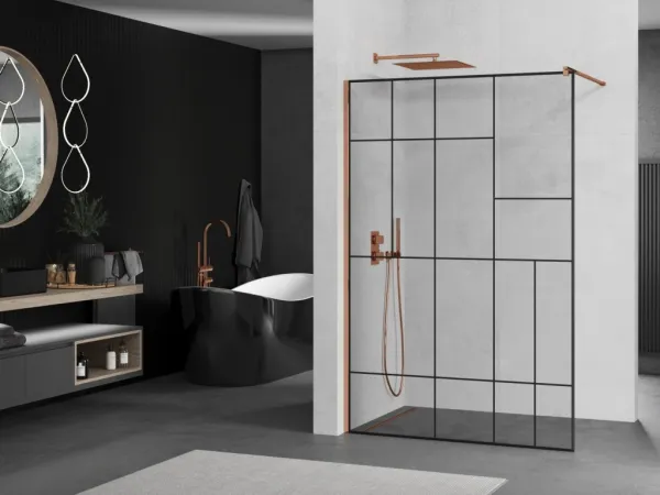 MEXEN/S - KIOTO Sprchová zástena WALK-IN 80x200 cm 8 mm, ružové zlato, čierny vzor 2 800-080-101-60-78