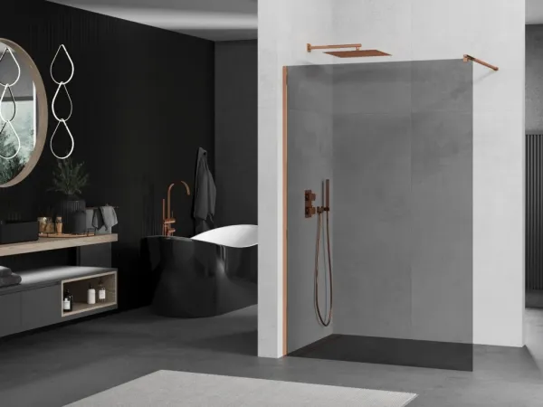 MEXEN/S - KIOTO Sprchová zástena WALK-IN 80x200 cm 8 mm, ružové zlato, dymové sklo 800-080-101-60-40