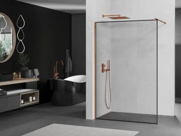 MEXEN/S - KIOTO Sprchová zástena WALK-IN 60x200 cm 8 mm, ružové zlato, čierny profil 800-060-101-60-70