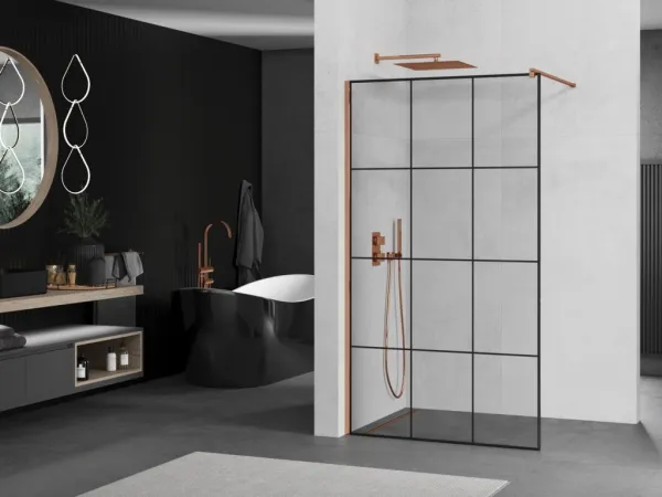 MEXEN/S - KIOTO Sprchová zástena WALK-IN 120x200 cm 8 mm, ružové zlato, čierny vzor 1 800-120-101-60-77